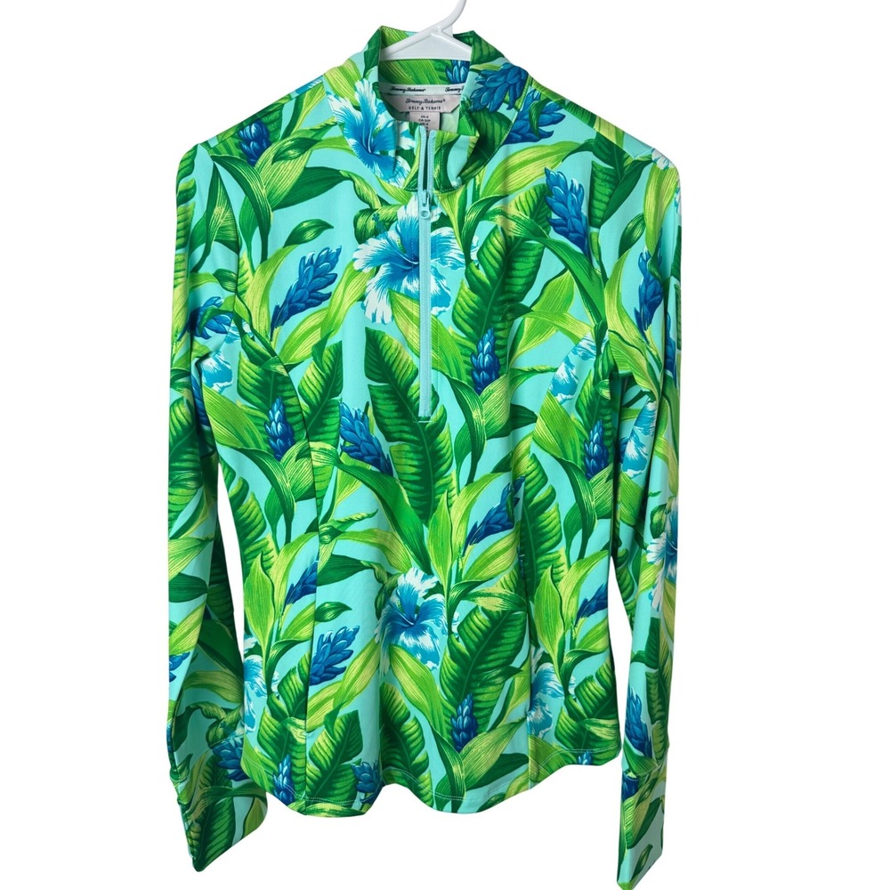 Tommy Bahama Quarter Zip Pullover Womens S Green Tropical Floral Golf Tennis